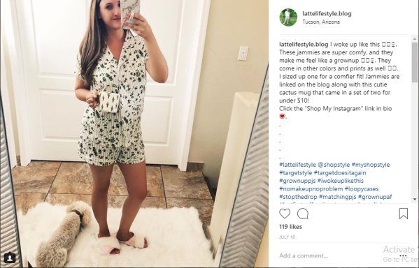 Christeen's Instagram post wearing a pajama set from target with a cactus mug